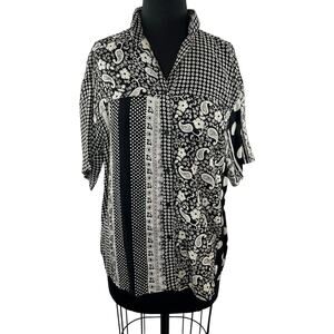VTG SPORTIQUE Black White Mixed Print Short Sleeve Button Down Shirt Size M NEW